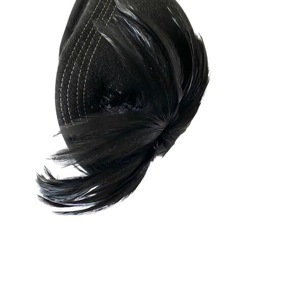 Vintage Bellini Originals Black Doeskin Felt Wool Feather Hat Topstitching USA - Picture 6 of 7